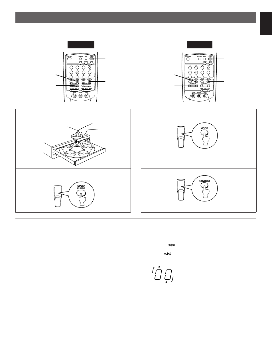 Random-sequence play, English, Disc skip | Load one or more discs, Close the disc tray, Rndm” lights up on the display | Yamaha CDC-502 User Manual | Page 13 / 24