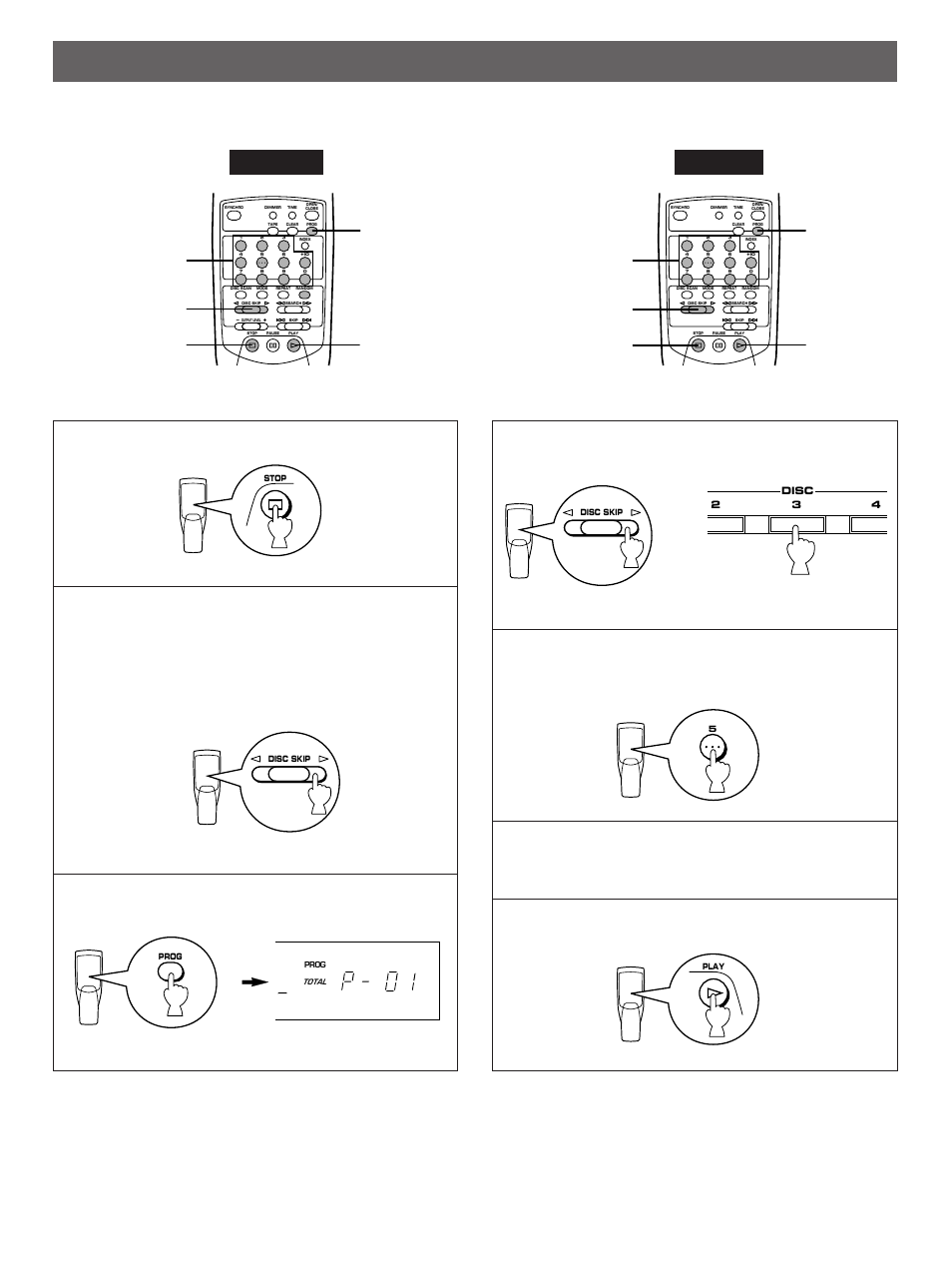 Program play, Stop the unit, Press the prog button to begin programming | If necessary, select a desired disc, When the programming is completed, On the front panel) | Yamaha CDC-502 User Manual | Page 14 / 24