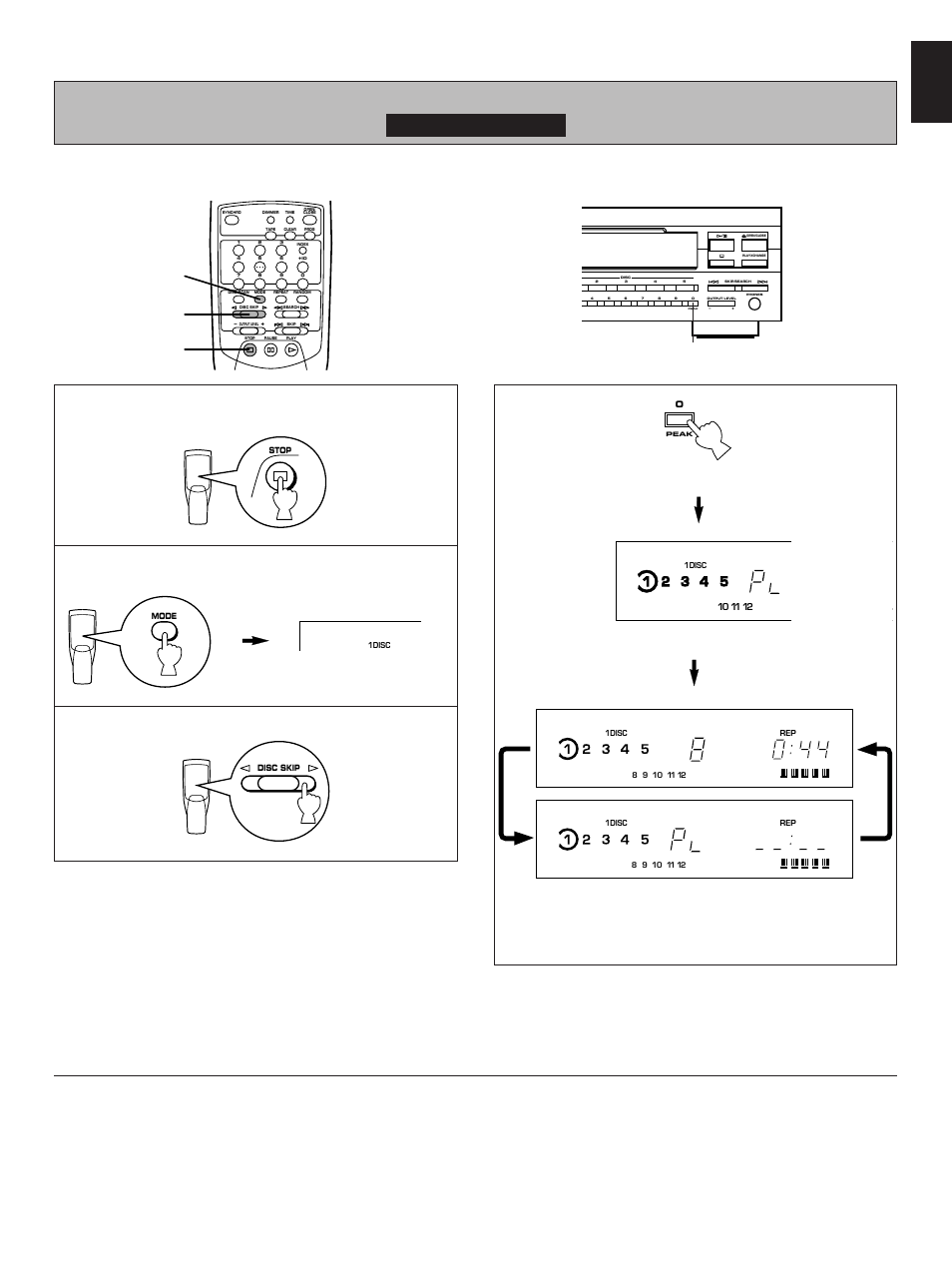 Automatic searching for the peak level on a disc, English, For cdc-902 only | Stop the unit, Select the “1disc” disc play mode, Select the disc, Press the stop button, On the front panel) | Yamaha CDC-502 User Manual | Page 21 / 24
