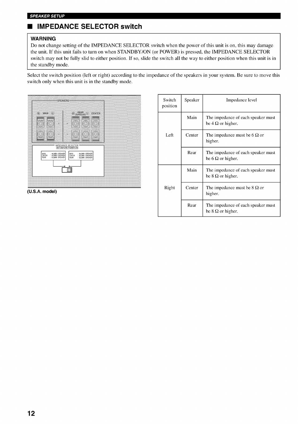 Impedance selector switch, Warning | Yamaha HTR-5540 User Manual | Page 16 / 59