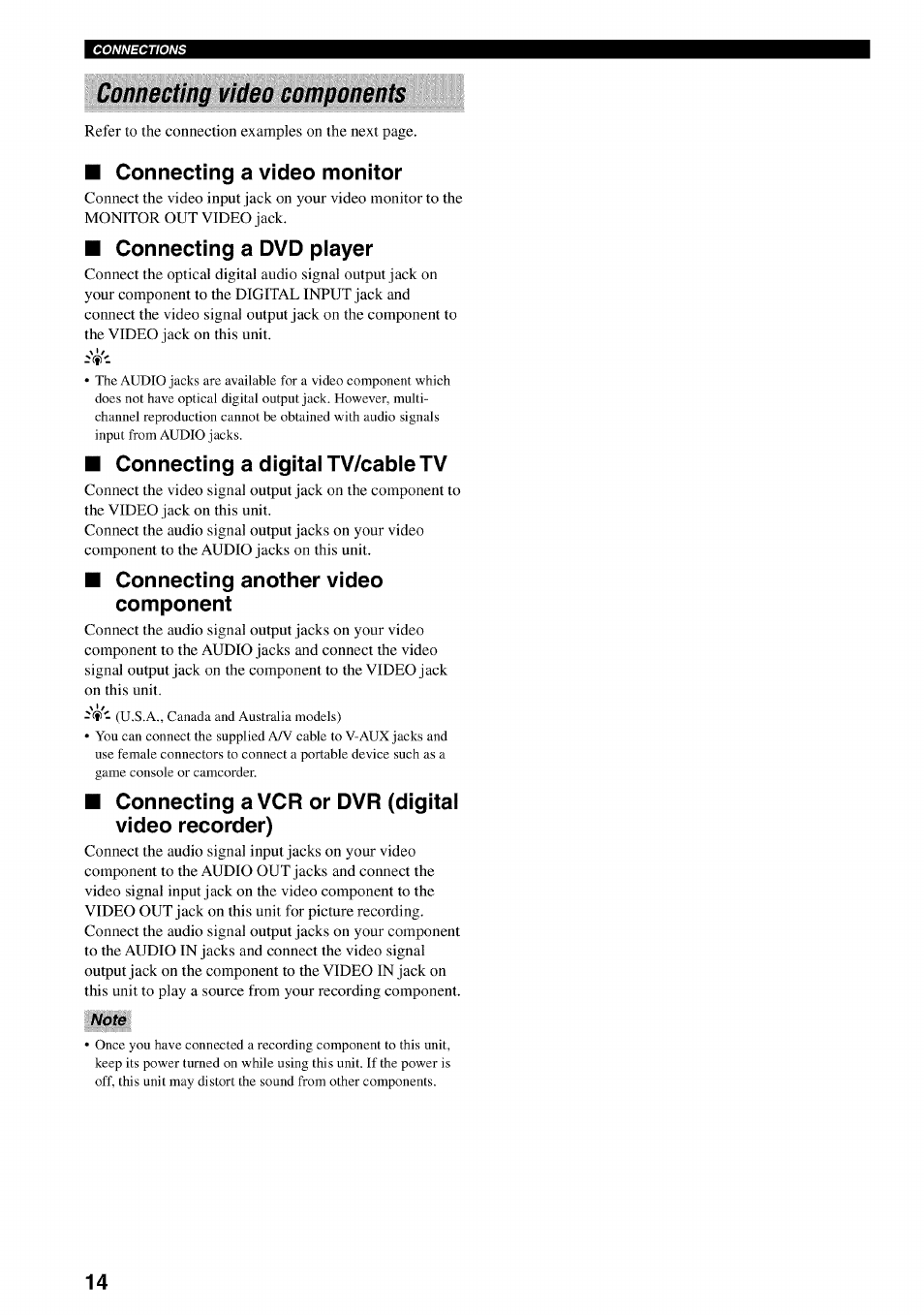 Connecting a video monitor, Connecting a dvd player, Connecting a digital tv/cabletv | Connecting another video component, Connecting a vcr or dvr (digital video recorder), Note, Connecting video components | Yamaha HTR-5540 User Manual | Page 18 / 59