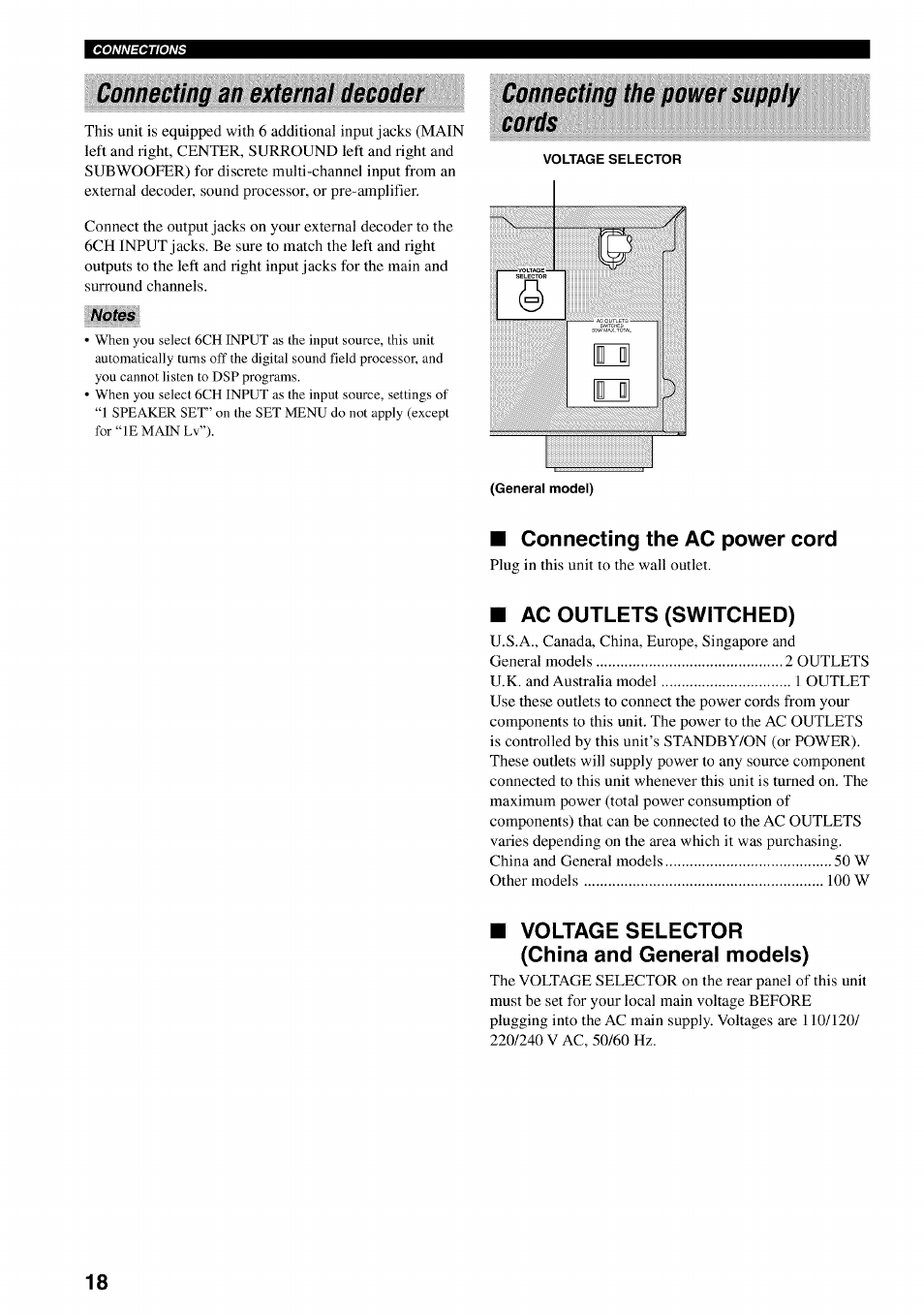 Notes, Connecting the ac power cord, Ac outlets (switched) | Voltage selector (china and general models), Connecting the power supply cords | Yamaha HTR-5540 User Manual | Page 22 / 59