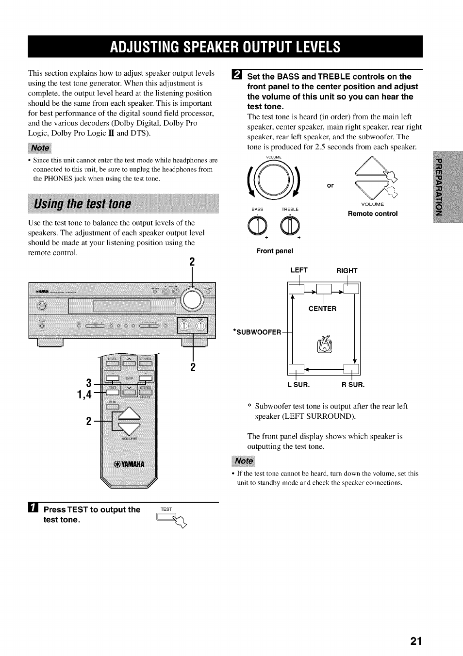 Adjusting speaker output levels, Note, Using the test tone | Yamaha HTR-5540 User Manual | Page 25 / 59