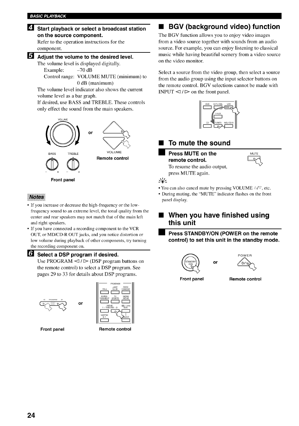 Notes, Bgv (background video) function, To mute the sound | When you have finished using this unit | Yamaha HTR-5540 User Manual | Page 28 / 59