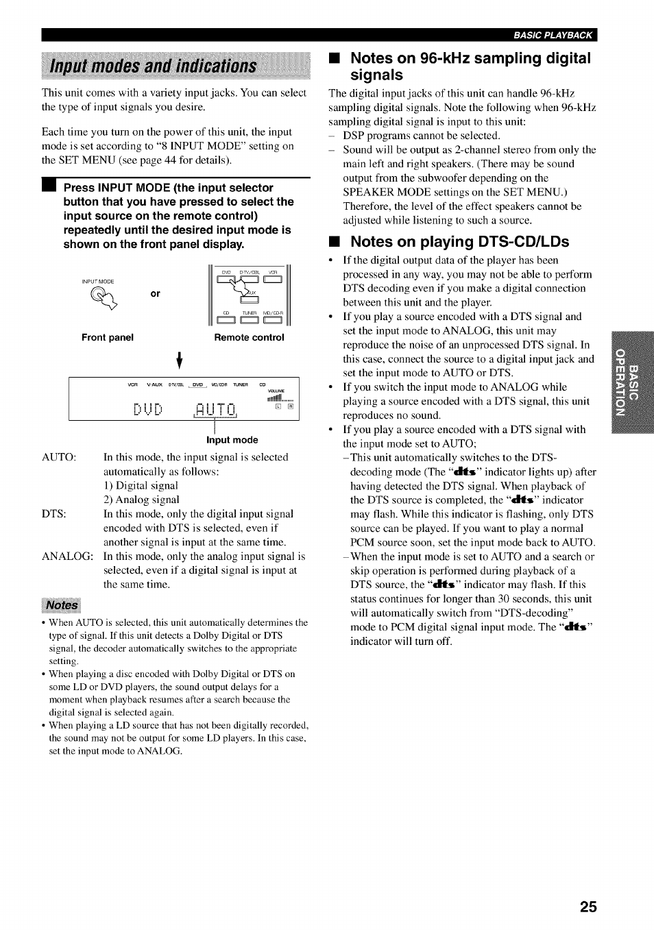 Input modes and indications, Notes, Notes on 96-khz sampling digital signals | Notes on playing dts-cd/lds | Yamaha HTR-5540 User Manual | Page 29 / 59