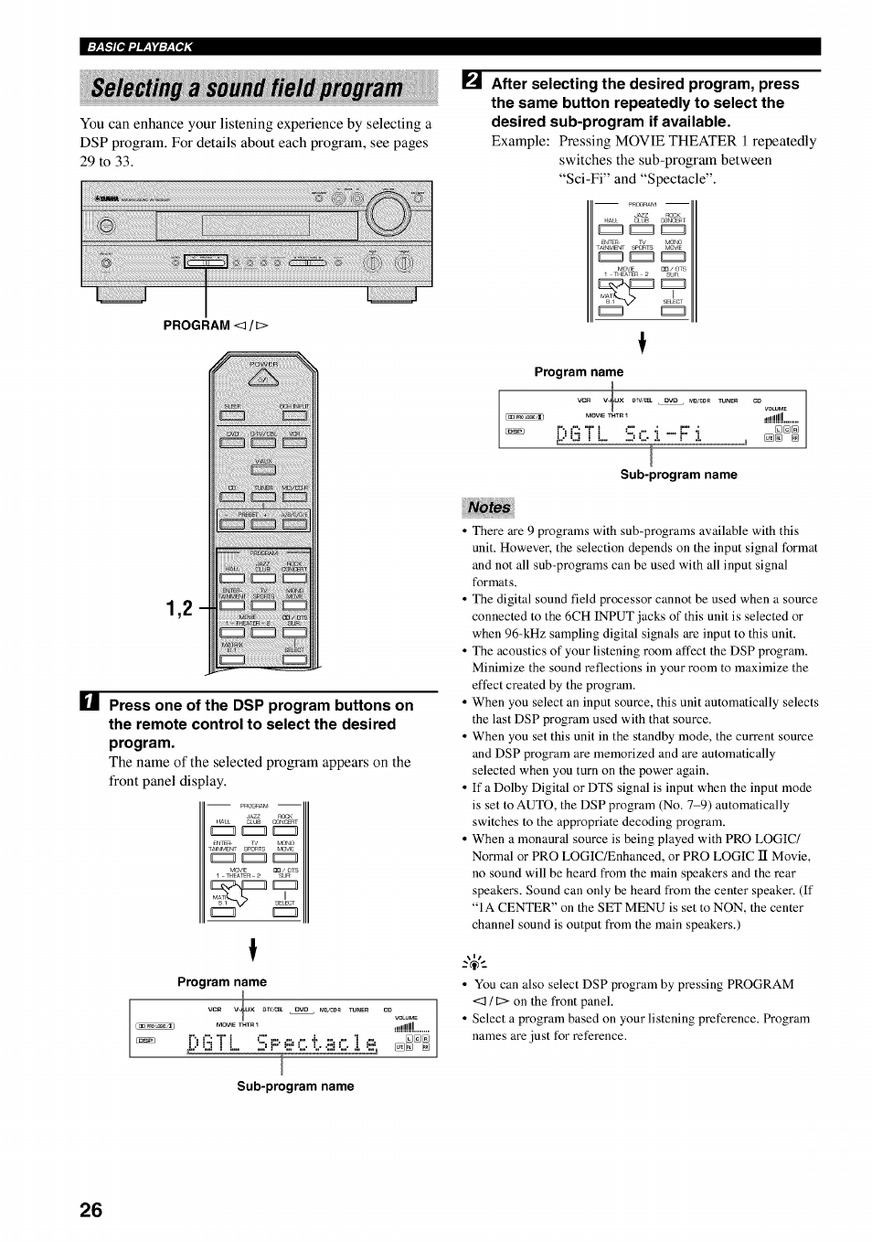 Selecting a sound field program, Notes | Yamaha HTR-5540 User Manual | Page 30 / 59