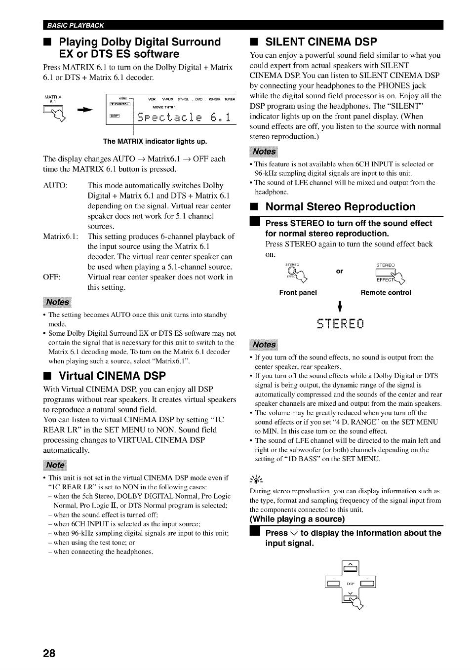 Notes, Virtual cinema dsp, Note | Silent cinema dsp, Normal stereo reproduction, While playing a source) | Yamaha HTR-5540 User Manual | Page 32 / 59