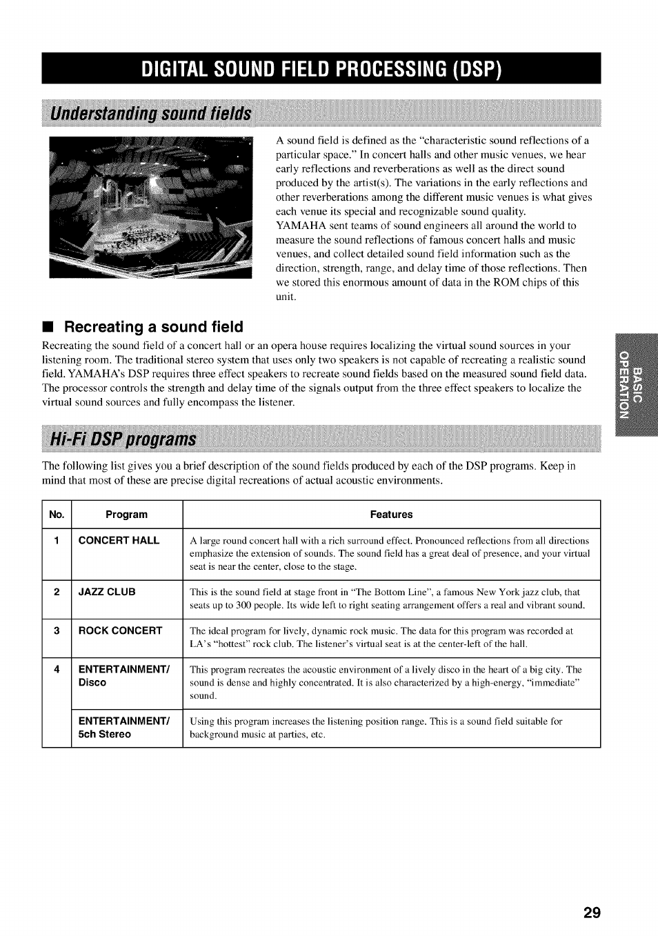 Digital sound field processing (dsp), Recreating a sound field, Hi-fi dsp programs | Understanding sound fields | Yamaha HTR-5540 User Manual | Page 33 / 59