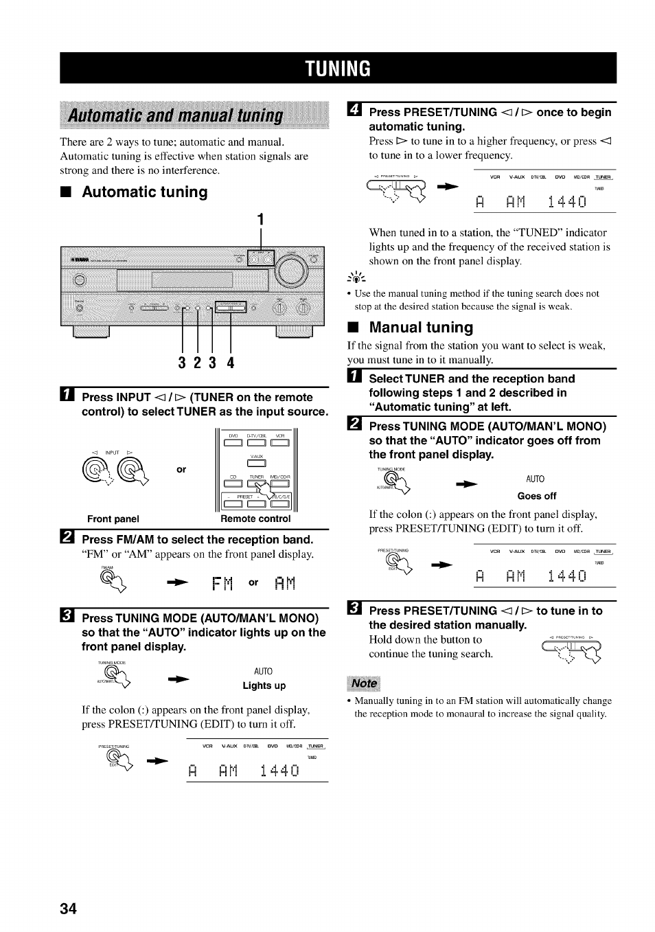 Tuning, Automatic and manual tuning, Automatic tuning | Manual tuning, Note | Yamaha HTR-5540 User Manual | Page 38 / 59