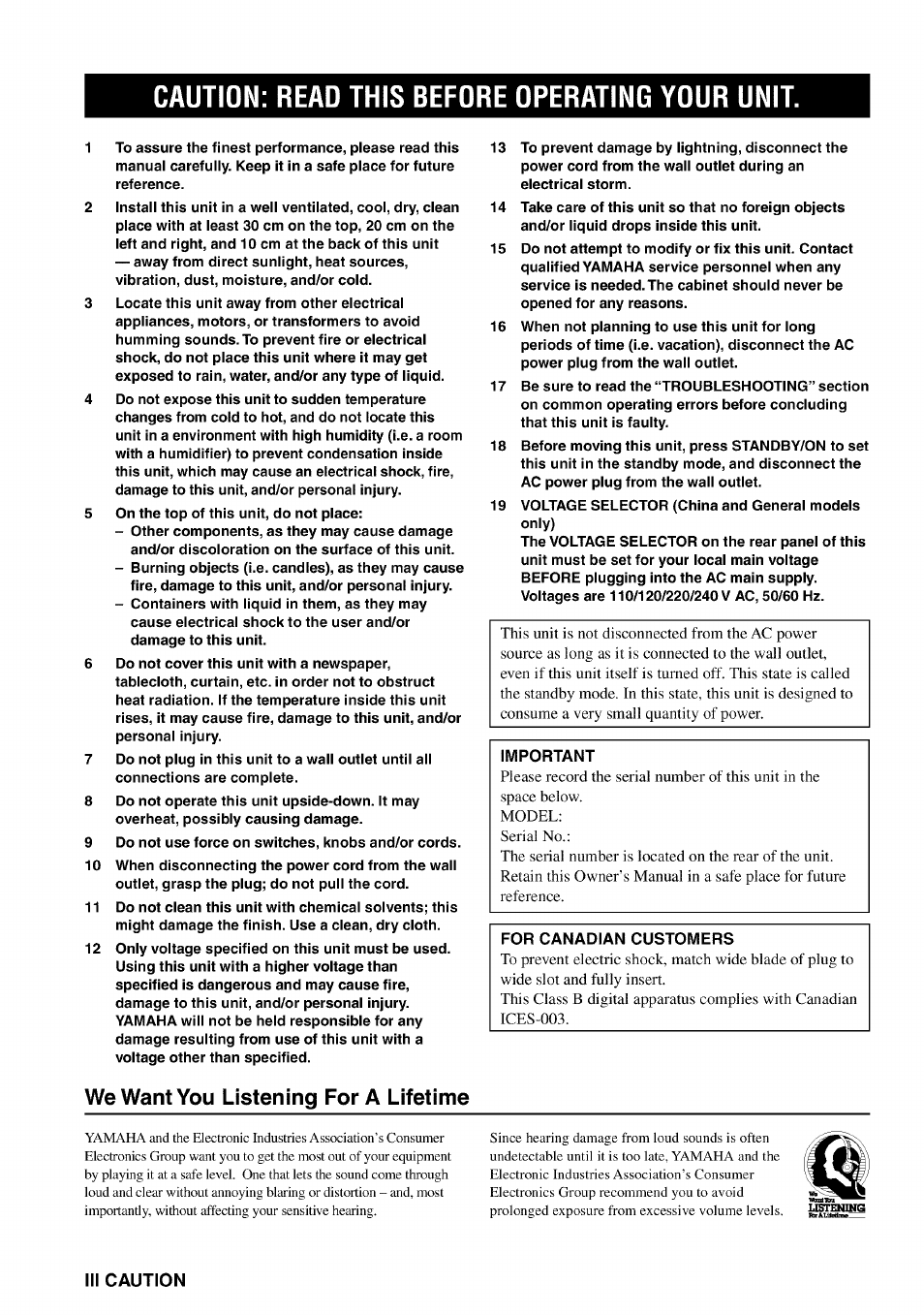 Caution: read this before operating your unit, We want you listening for a lifetime | Yamaha HTR-5540 User Manual | Page 4 / 59