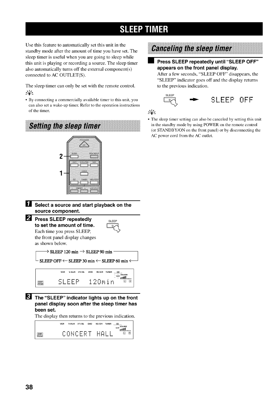 Sleep timer, Canceling the sleep timer, Setting the sleep timer | Setting the sleep timer canceling the sleep timer | Yamaha HTR-5540 User Manual | Page 42 / 59