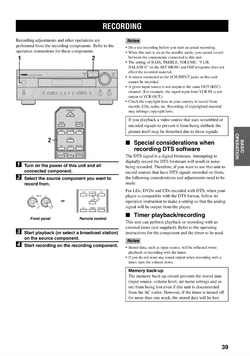 Recording, Notes, Special considerations when recording dts software | Timer playback/recording | Yamaha HTR-5540 User Manual | Page 43 / 59