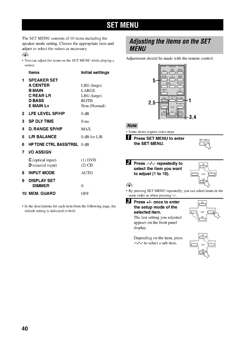 Set menu, Adjusting the items on the set menu | Yamaha HTR-5540 User Manual | Page 44 / 59