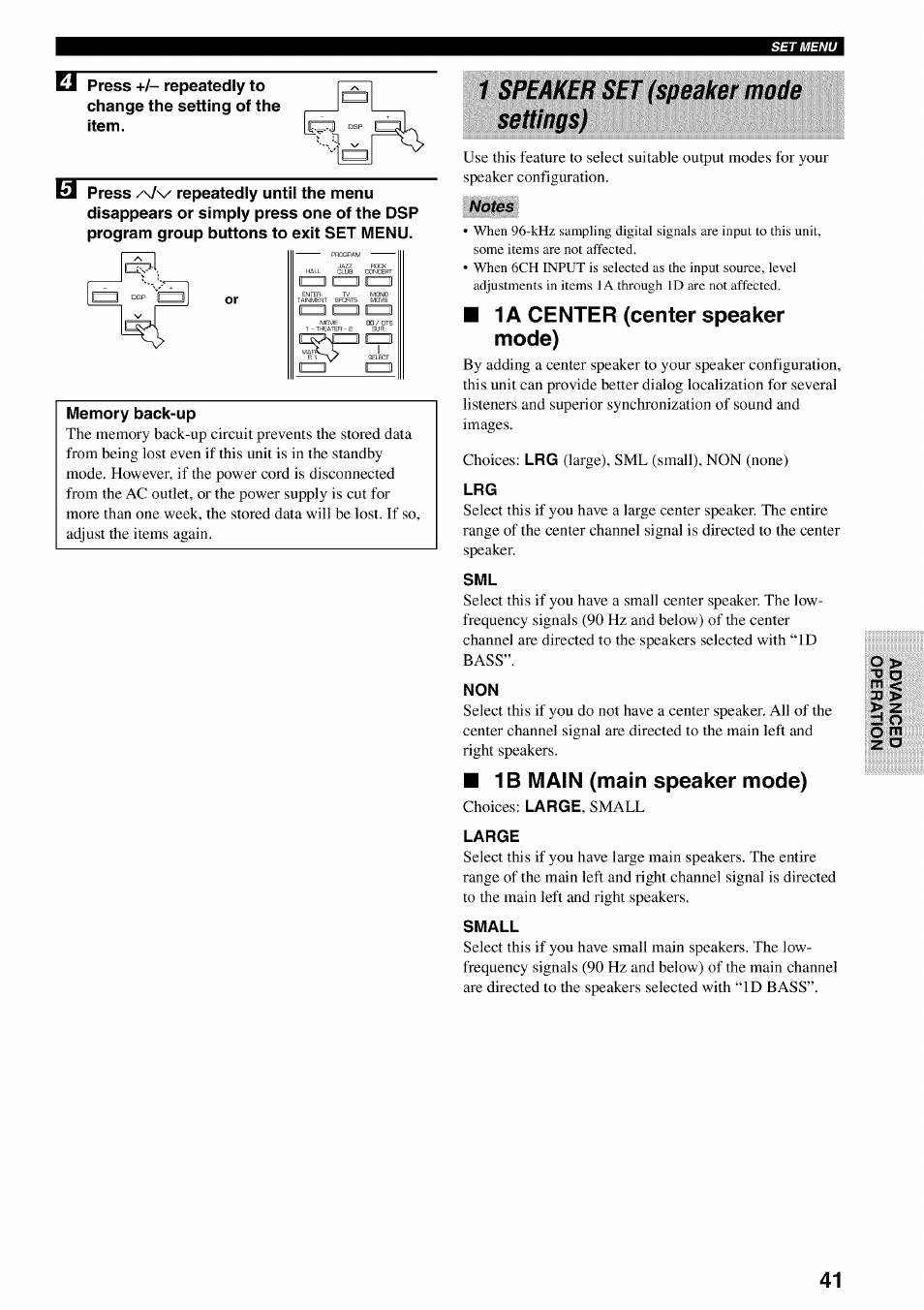 1 speaker set (speaker mode settings), Notes, 1a center (center speaker mode) | 1b main (main speaker mode) | Yamaha HTR-5540 User Manual | Page 45 / 59