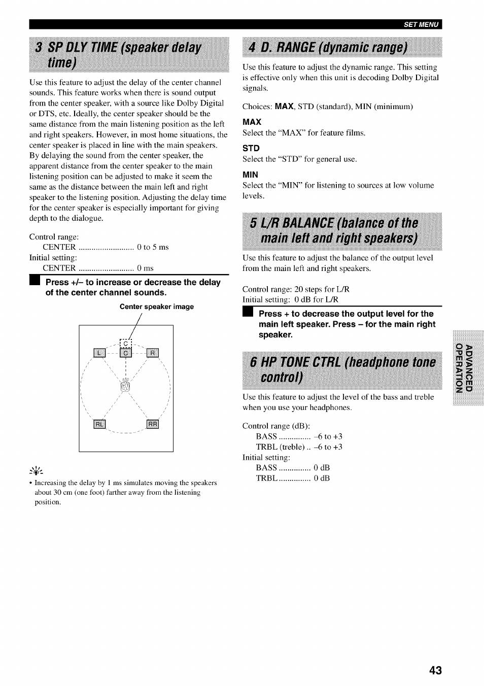 3 sp dly time (speaker delay time), 4 d. range (dynamic range), 6 hp tone ctrl (headphone tone control) | Yamaha HTR-5540 User Manual | Page 47 / 59