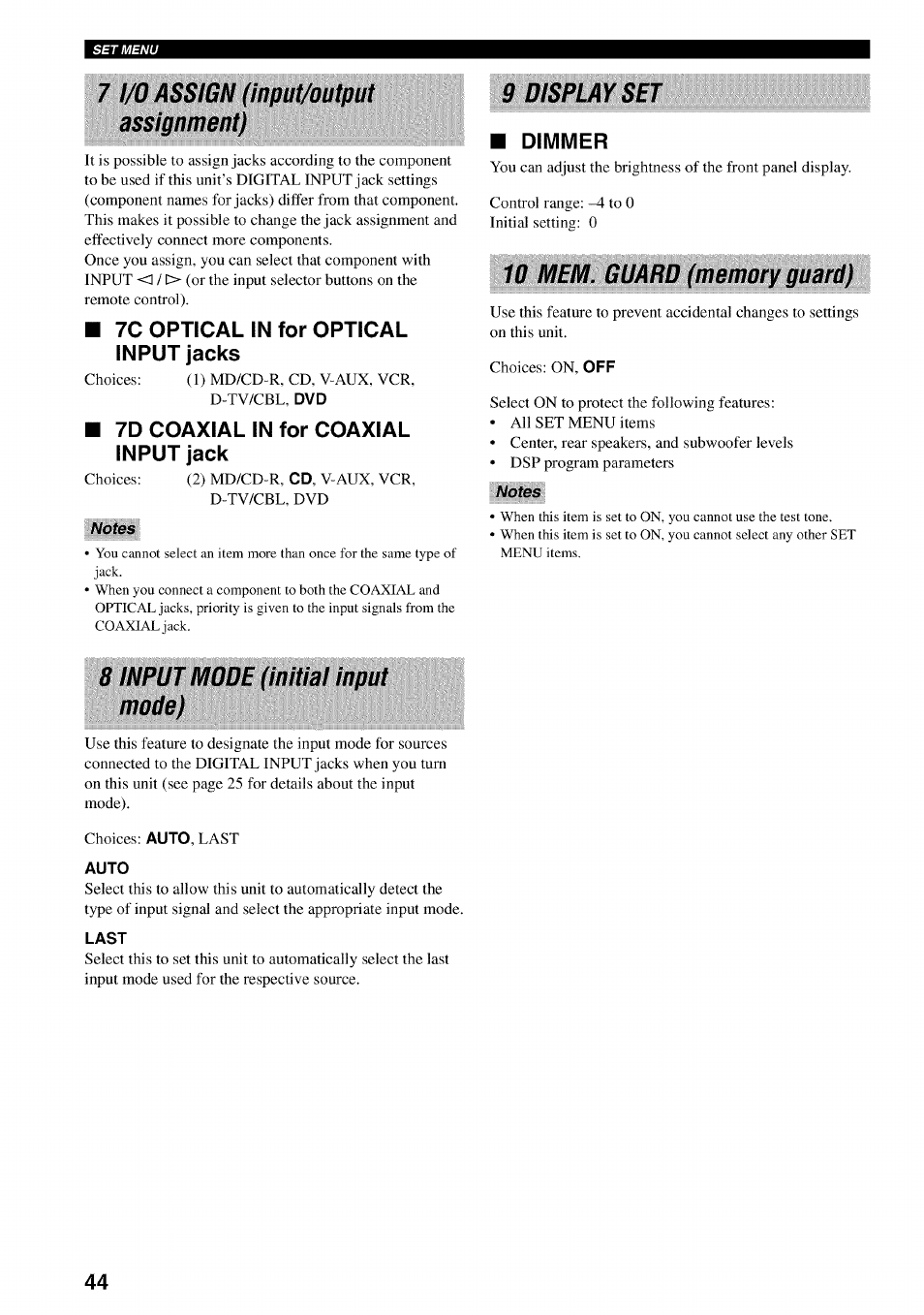 7 i/o assign (input/output assignment), 7c optical in for optical input jacks, 7d coaxial in for coaxial input jack | Notes, 9 display set, M dimmer, 10 mem. guard (memory guard), 8 input mode (initial input mode), Last, 1omem. guard (memory guard) | Yamaha HTR-5540 User Manual | Page 48 / 59