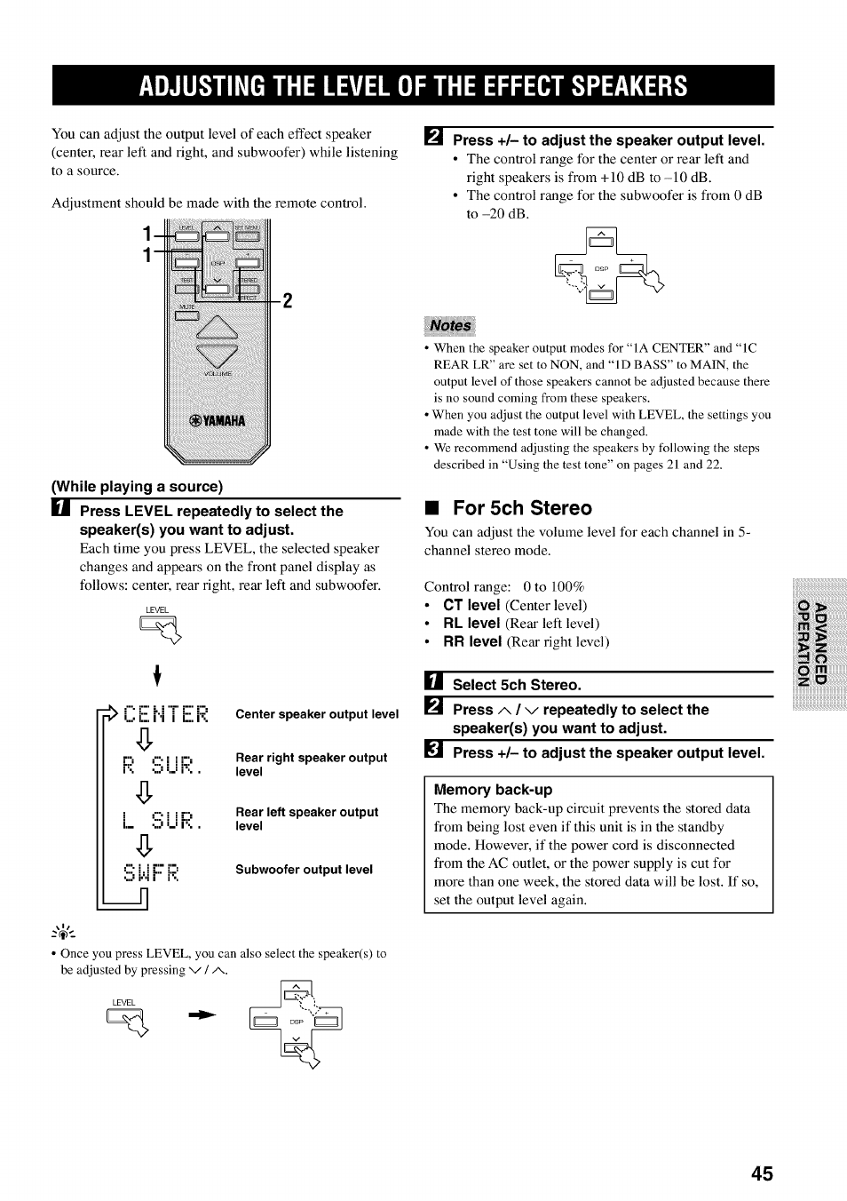 Adjusting the level of the effect speakers, Notes, For 5ch stereo | 7^ u i" n i i" k | Yamaha HTR-5540 User Manual | Page 49 / 59