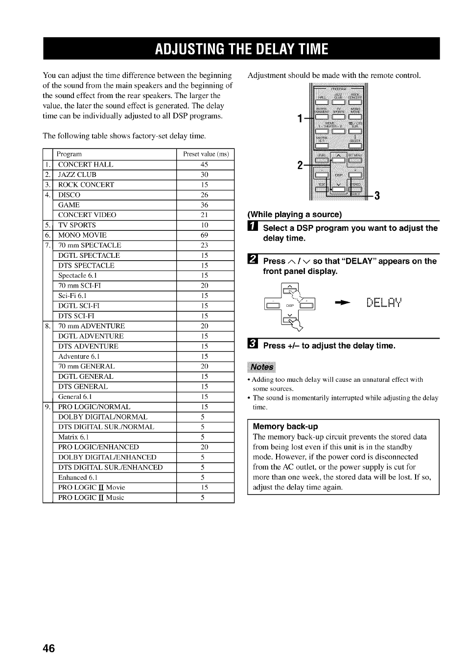Adjusting the delay time, Notes | Yamaha HTR-5540 User Manual | Page 50 / 59