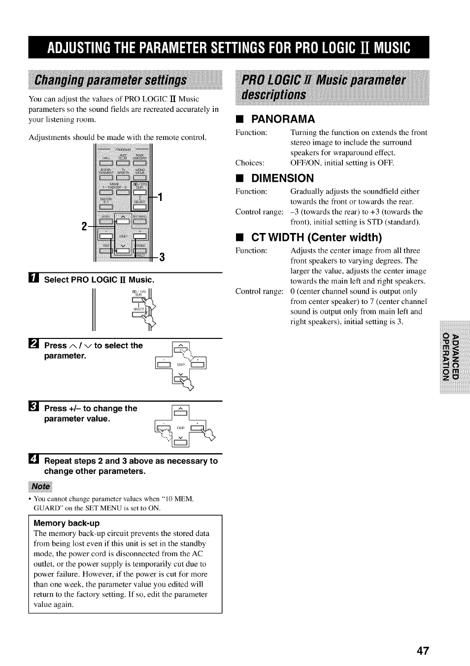 Pro logic ii music parameter descriptions, M panorama, Dimension | Ct width (center width), O m z d, Note, Pro logic n music parameter descriptions, Changing parameter settings | Yamaha HTR-5540 User Manual | Page 51 / 59