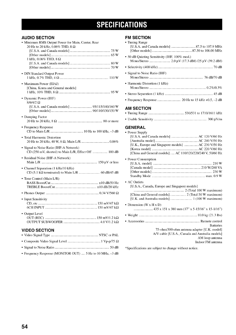 Specifications, Audio section, Video section | Fm section, Am section, General | Yamaha HTR-5540 User Manual | Page 58 / 59