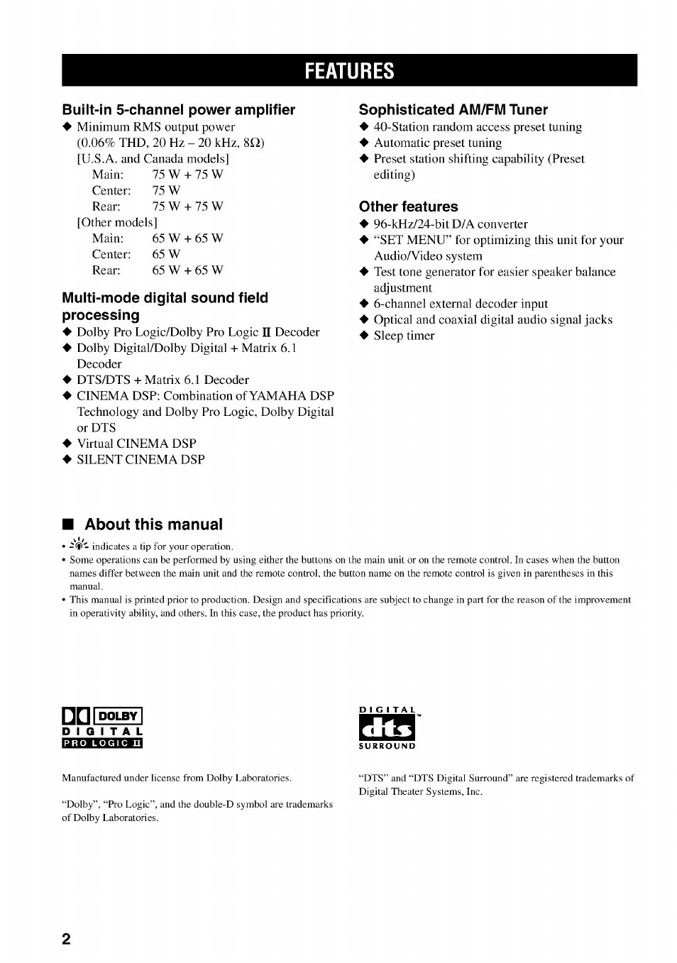 Features, About this manual | Yamaha HTR-5540 User Manual | Page 6 / 59