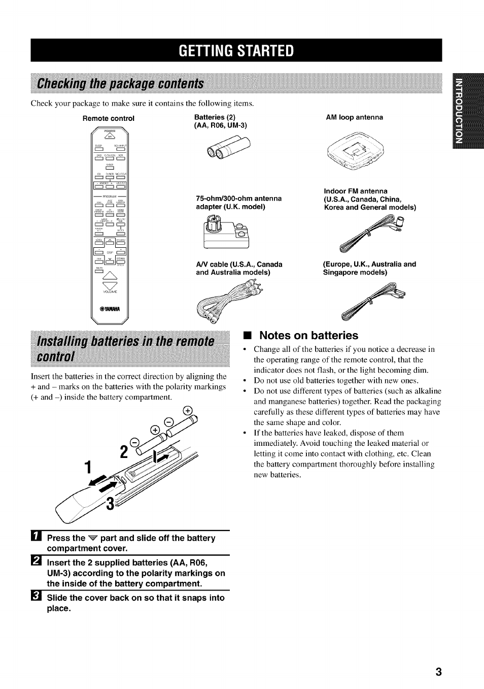 Getting started, Checking the package contents, Installing batteries in the remote control | I notes on batteries | Yamaha HTR-5540 User Manual | Page 7 / 59