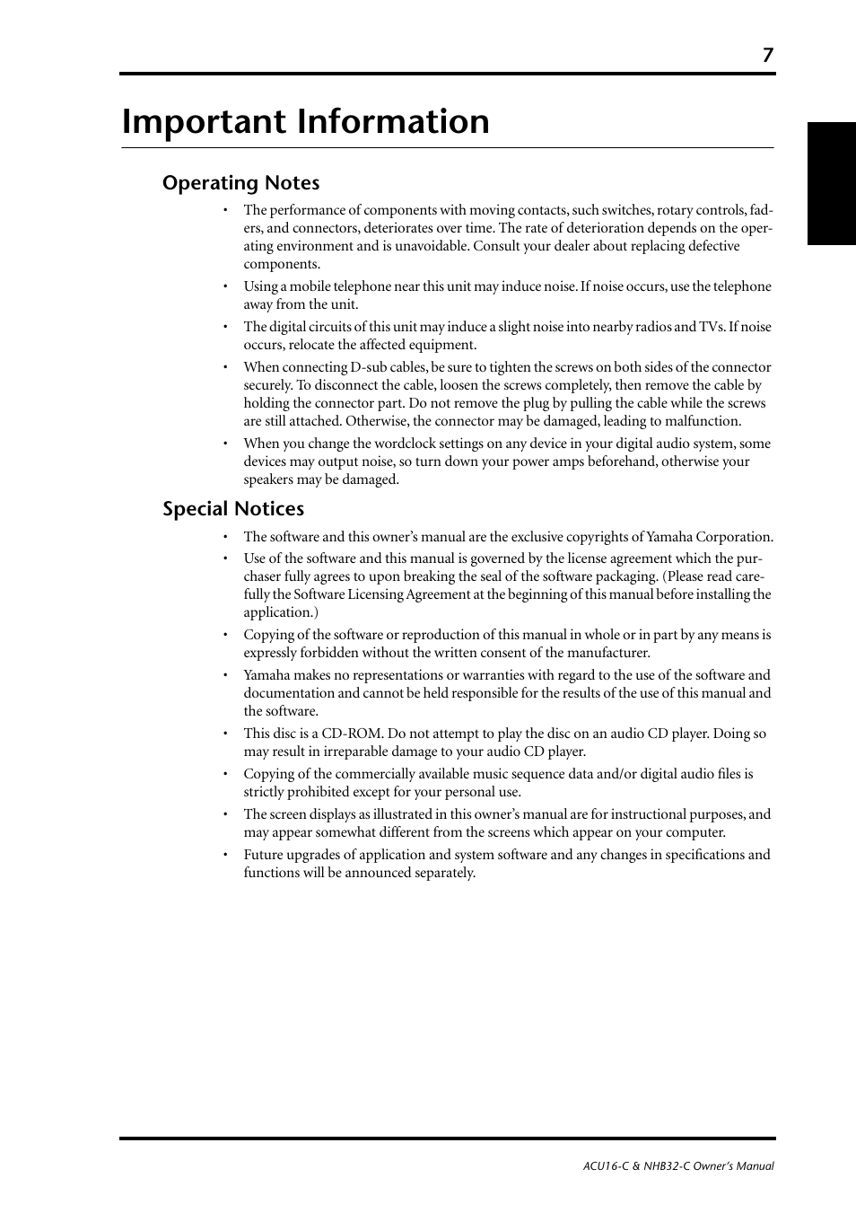 Important information, Operating notes, Special notices | English | Yamaha NHB32-C User Manual | Page 11 / 44