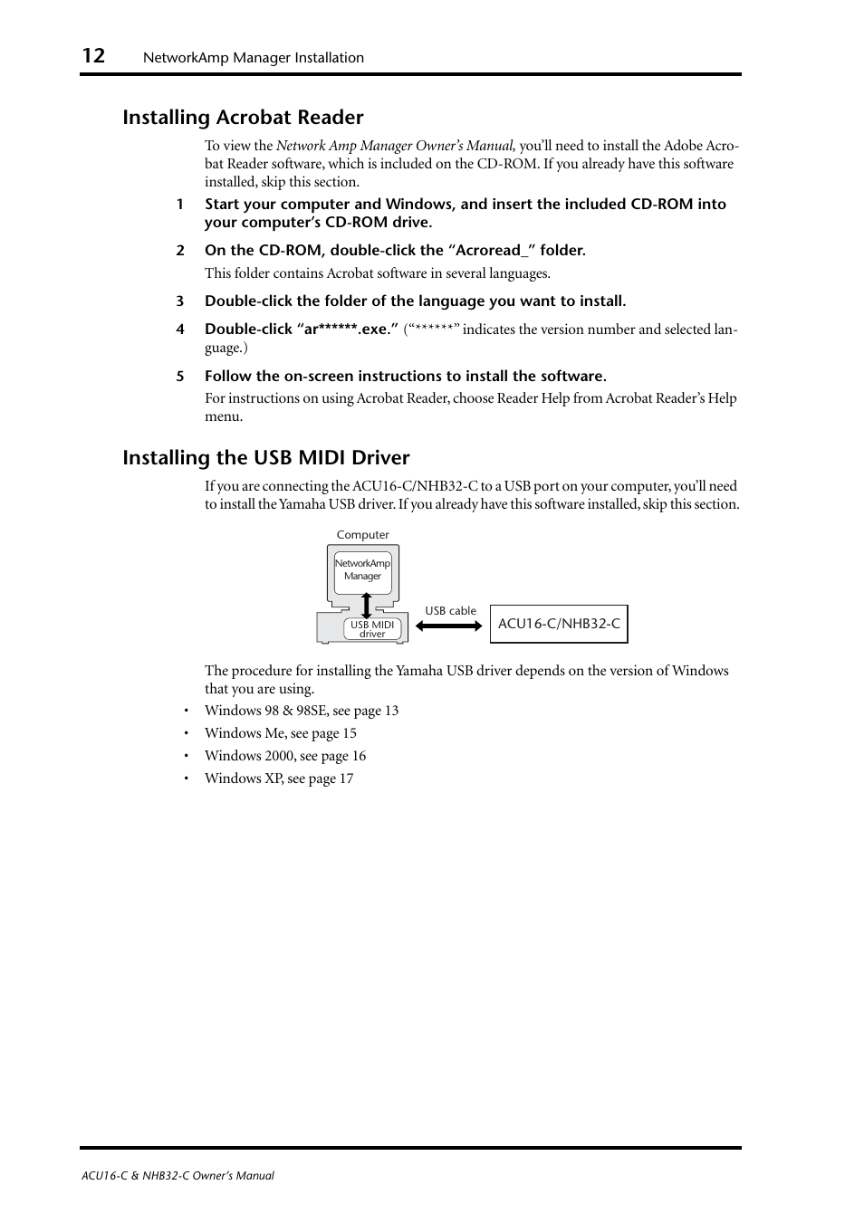 Installing acrobat reader, Installing the usb midi driver | Yamaha NHB32-C User Manual | Page 16 / 44