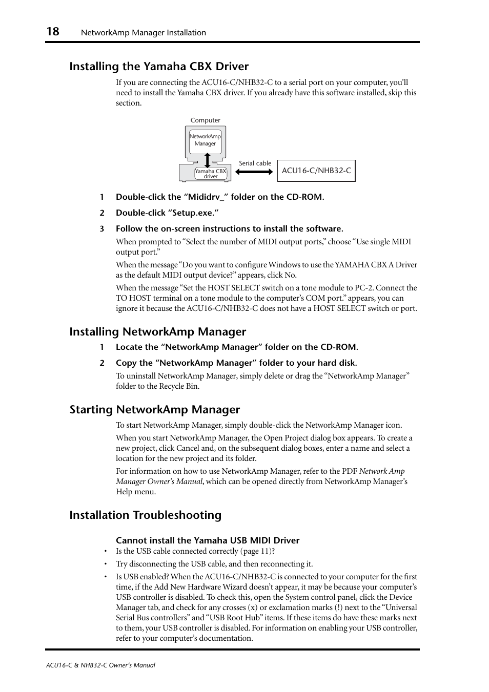 Installing the yamaha cbx driver, Installing networkamp manager, Starting networkamp manager | Installation troubleshooting | Yamaha NHB32-C User Manual | Page 22 / 44