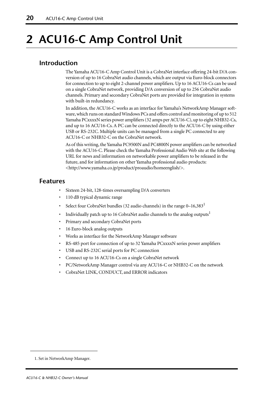 2 acu16c amp control unit, Introduction, Features | Acu16-c amp control unit, Introduction features, 2 acu16-c amp control unit | Yamaha NHB32-C User Manual | Page 24 / 44