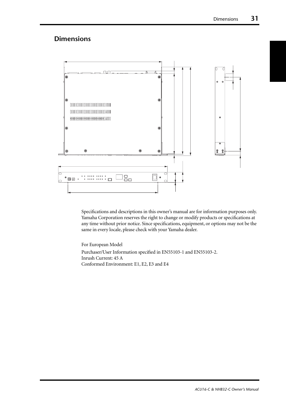Dimensions, English dimensions | Yamaha NHB32-C User Manual | Page 35 / 44