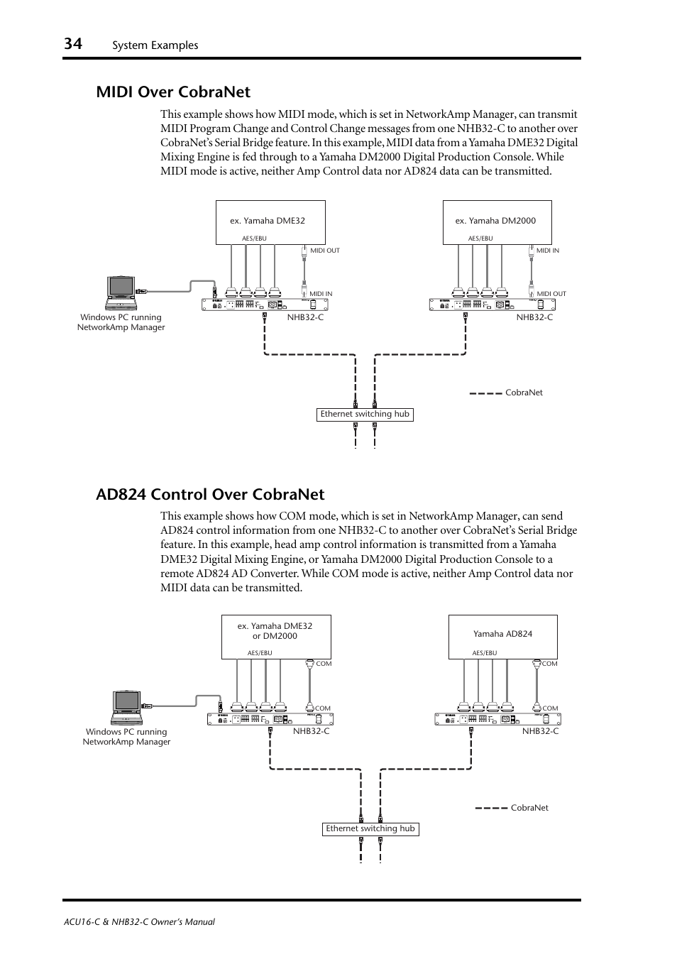 Midi over cobranet, Ad824 control over cobranet, Midi over cobranet ad824 control over cobranet | System examples | Yamaha NHB32-C User Manual | Page 38 / 44