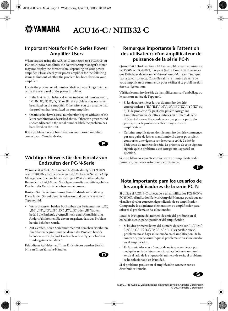 Ed f s | Yamaha NHB32-C User Manual | Page 5 / 44