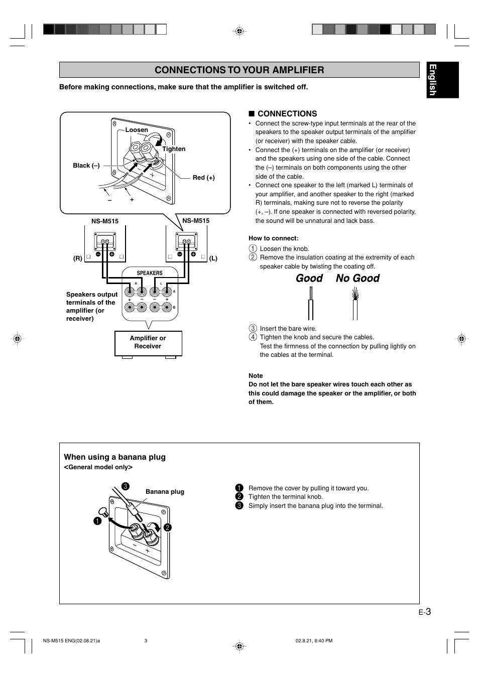 Connections to your amplifier, English | Yamaha NS-M515 User Manual | Page 3 / 5