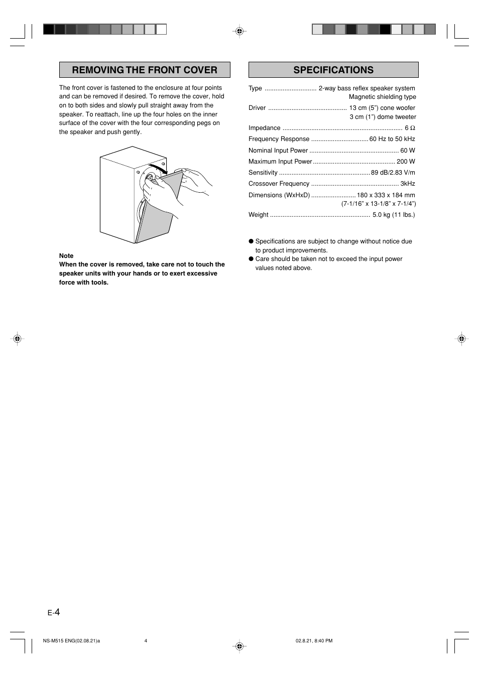 Removing the front cover, Specifications, 4specifications | Yamaha NS-M515 User Manual | Page 4 / 5