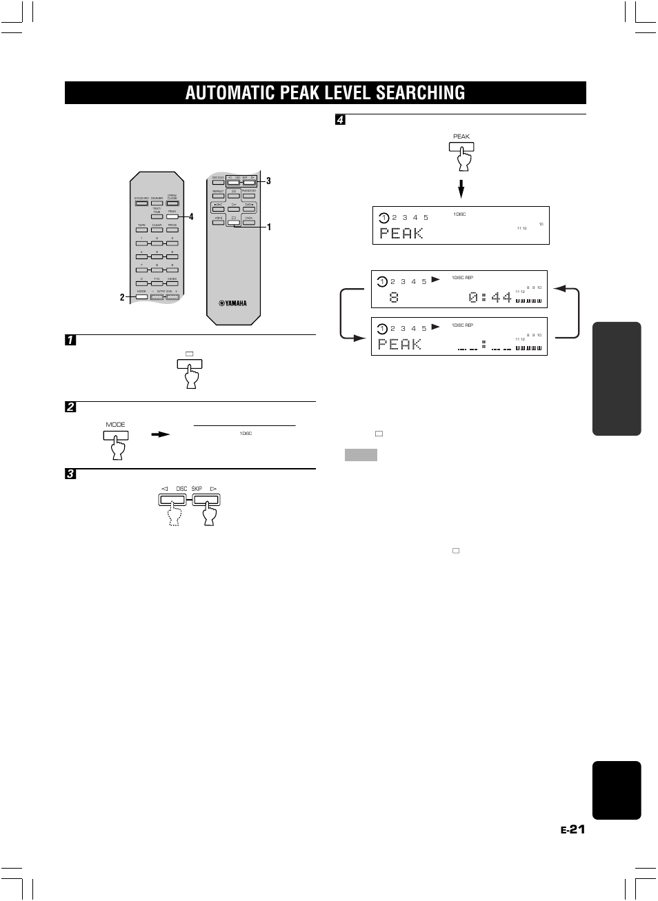 Automatic peak level searching, P e a k, P8 a k 0 : 4 4 | 21 english functions for recording, Stop the unit, Select the “1disc” disc play mode, Select the disc, Press the a button | Yamaha CDC-585 User Manual | Page 25 / 28
