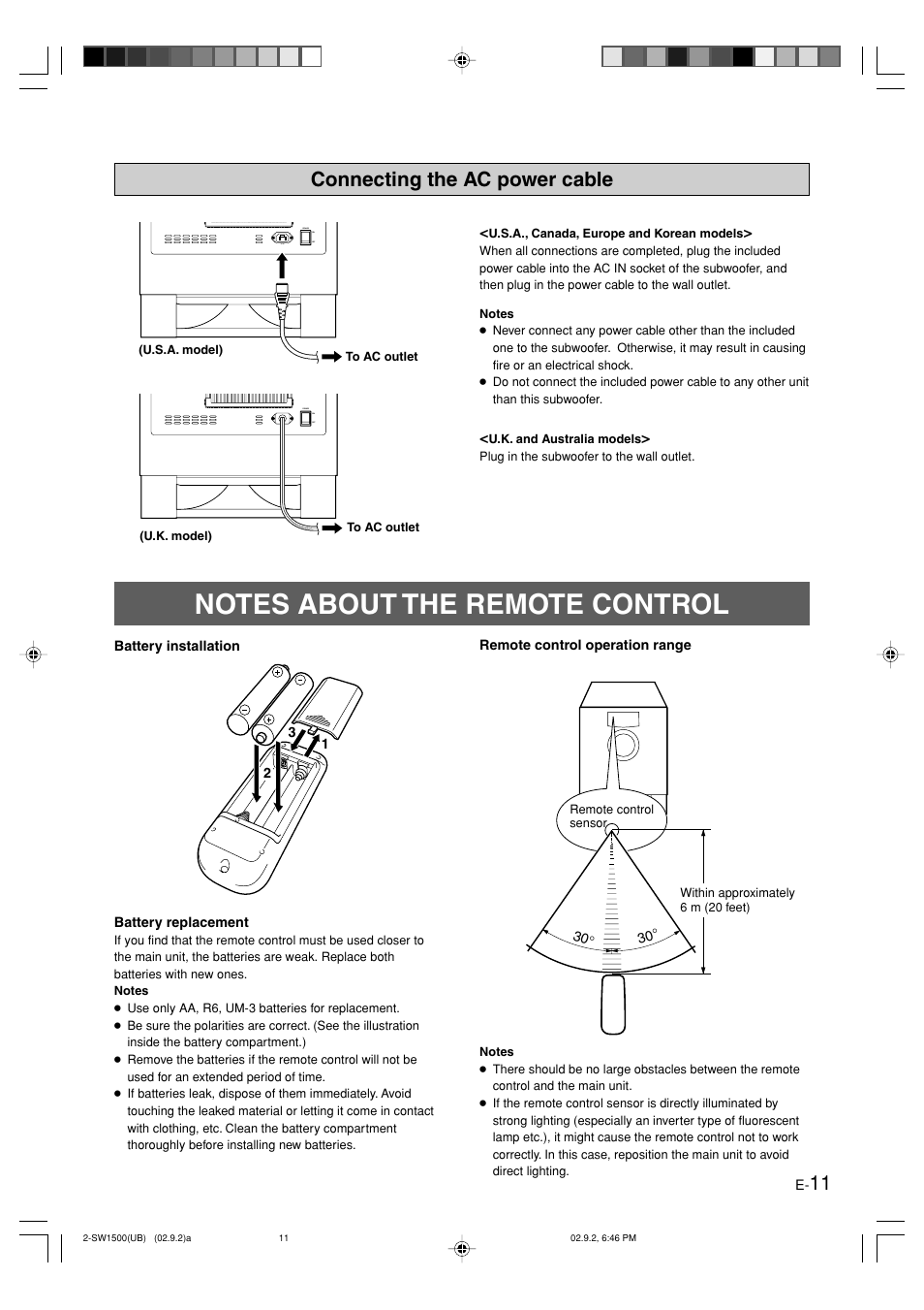 Connecting the ac power cable, Notes about the remote control, English | Yamaha YST-SW1500 User Manual | Page 15 / 24