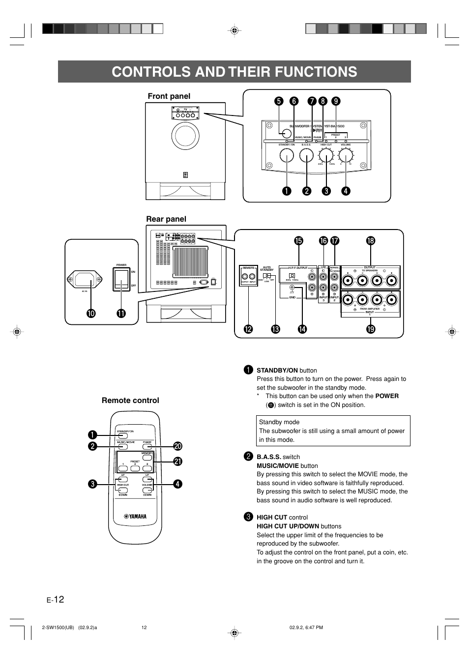 Controls and their functions, P2 1 a 4 3, Rear panel front panel | Remote control | Yamaha YST-SW1500 User Manual | Page 16 / 24