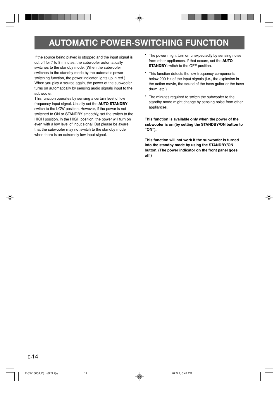 Automatic power-switching function | Yamaha YST-SW1500 User Manual | Page 18 / 24