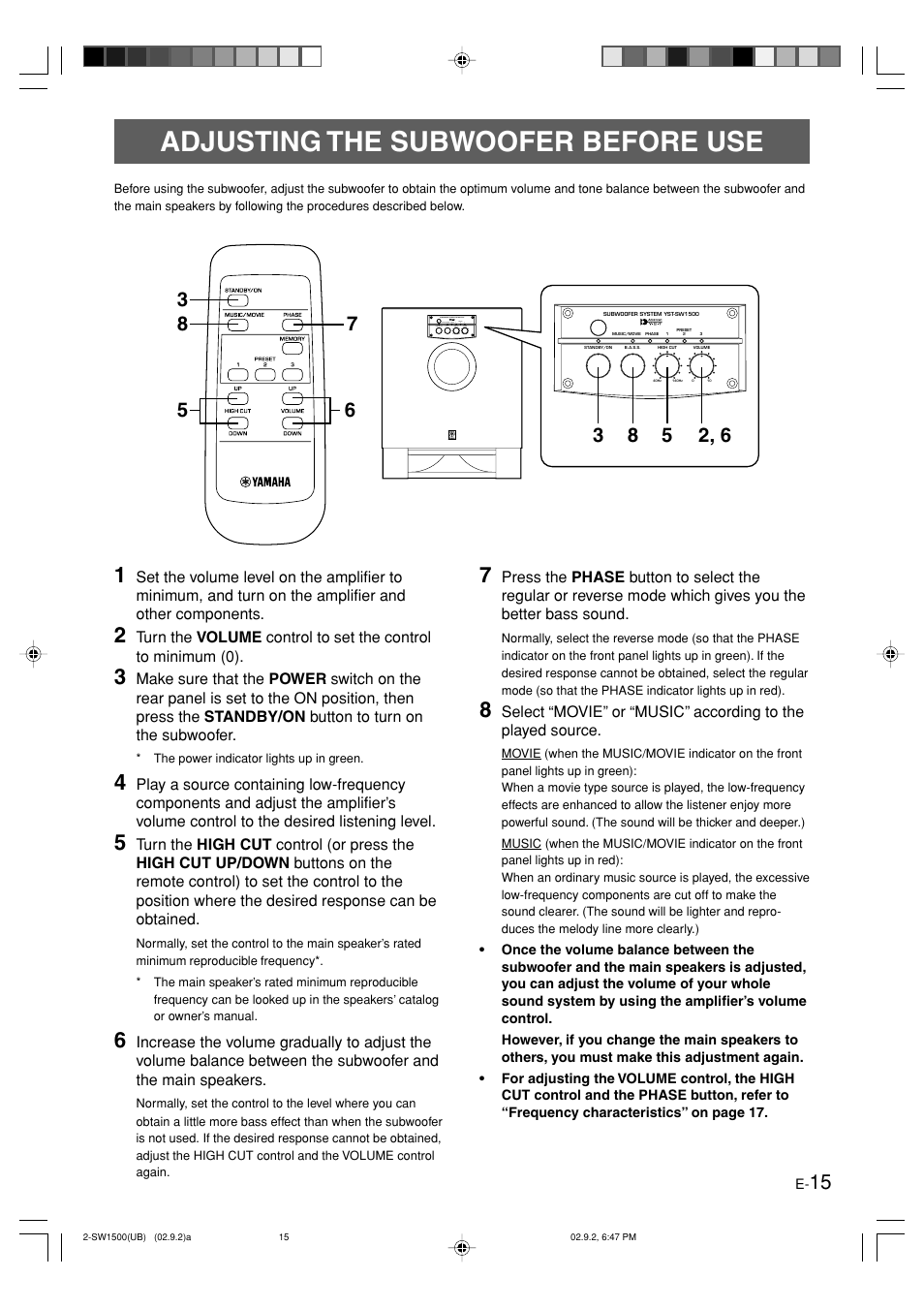 Adjusting the subwoofer before use, English | Yamaha YST-SW1500 User Manual | Page 19 / 24