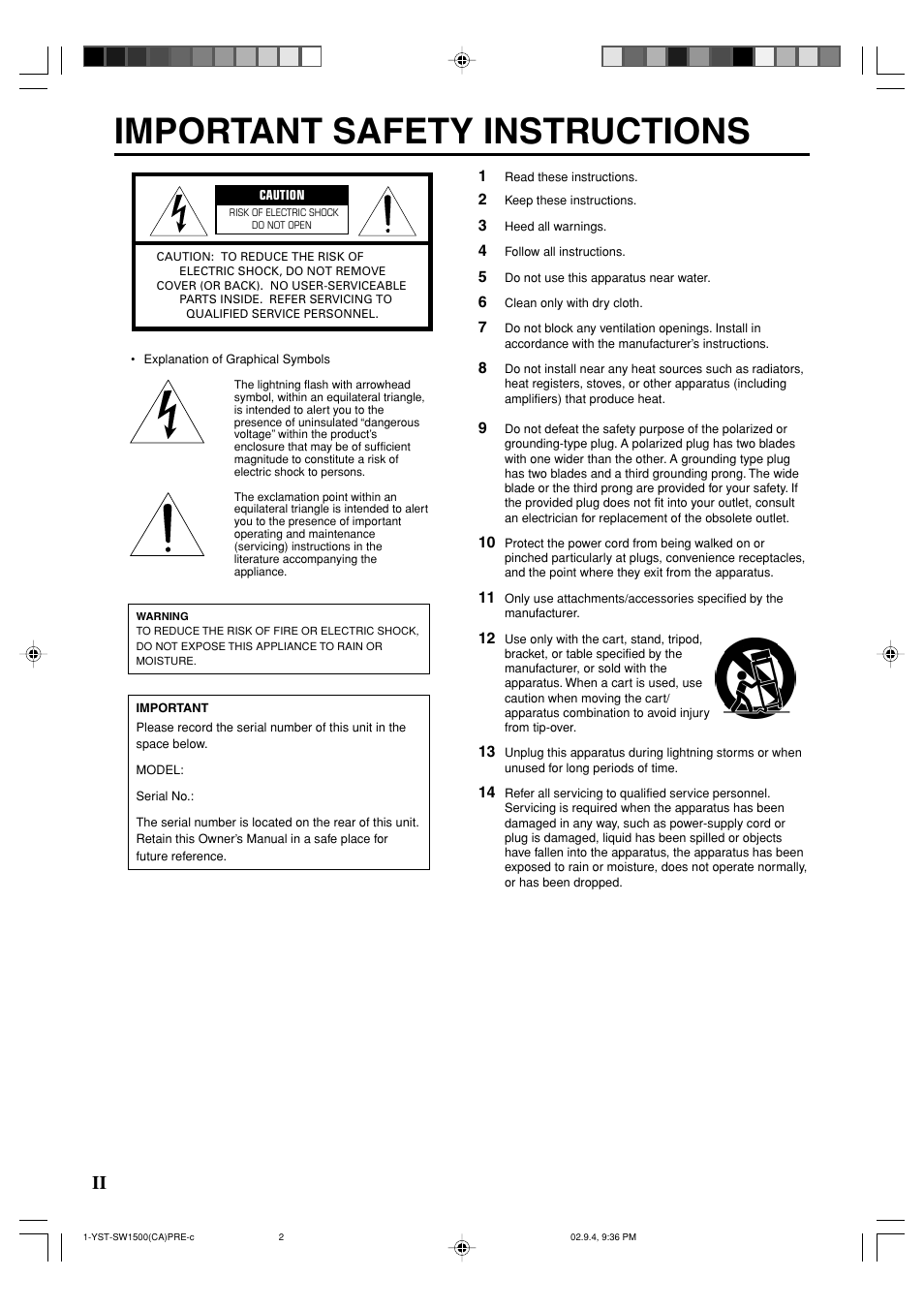 Important safety instructions | Yamaha YST-SW1500 User Manual | Page 2 / 24