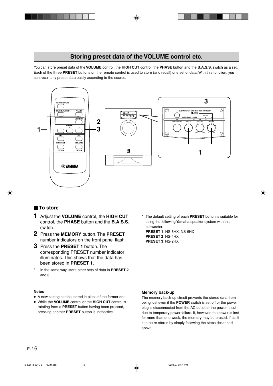 Storing preset data of the volume control etc | Yamaha YST-SW1500 User Manual | Page 20 / 24