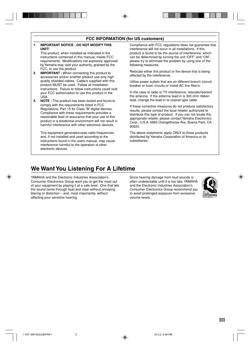 We want you listening for a lifetime | Yamaha YST-SW1500 User Manual | Page 3 / 24