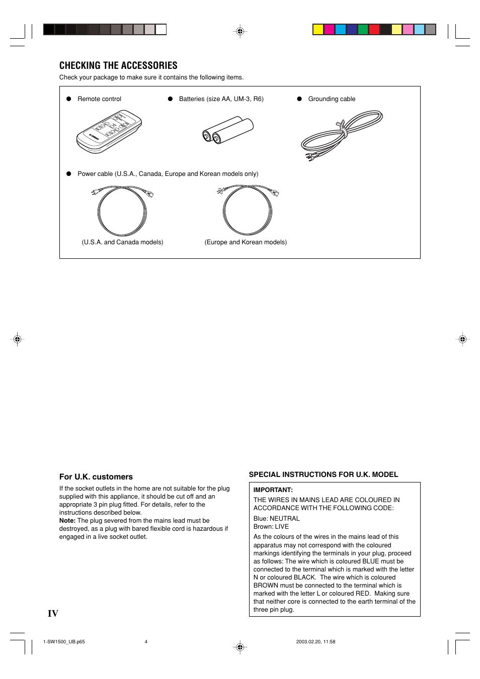 Checking the accessories, Iv checking the accessories | Yamaha YST-SW1500 User Manual | Page 4 / 24