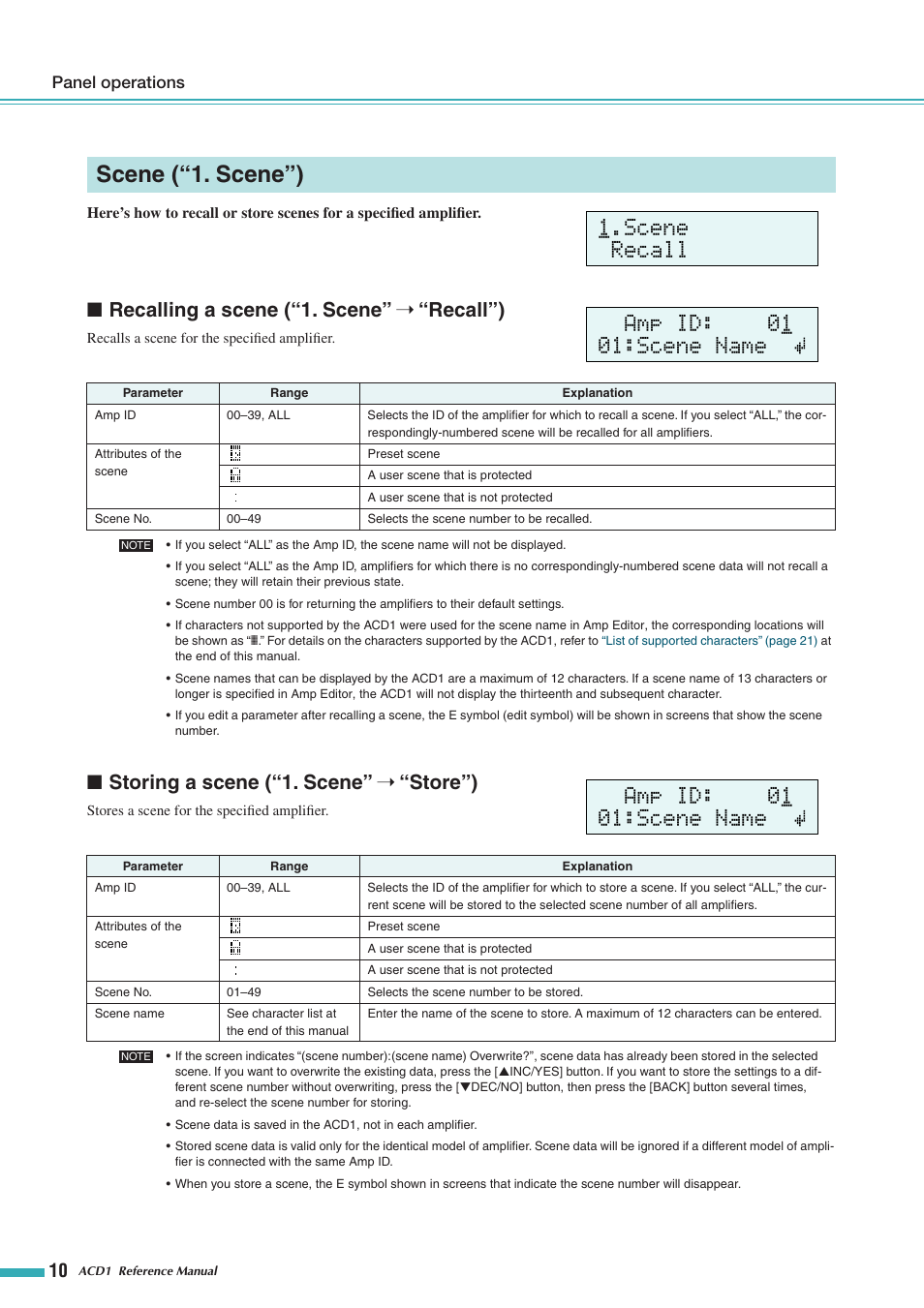 Scene ("1. scene"), Recalling a scene, Storing a scene | Scene (“1. scene”), Recalling a scene (“1. scene, Recall”), Storing a scene (“1. scene, Store”), Åamp id: 01 01:scene name, Recalling a scene (“1. scene” ➝ “recall”) | Yamaha ACD1 User Manual | Page 10 / 25