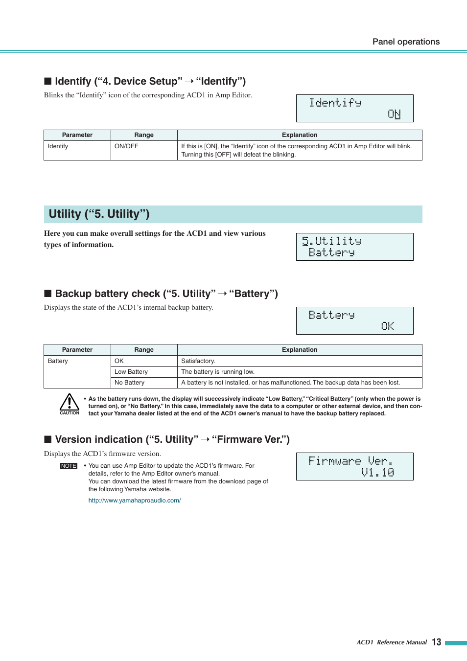 Identify, Utility ("5. utility"), Backup battery check | Version indication, Identify (“4. device setup, Identify”), Utility (“5. utility”), Backup battery check (“5. utility, Battery”), Version indication (“5. utility | Yamaha ACD1 User Manual | Page 13 / 25