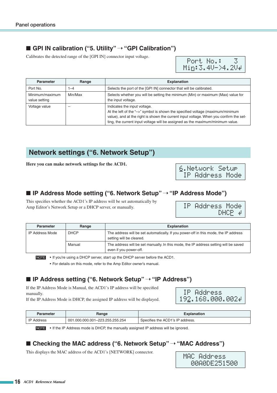 Gpi in calibration, Network settings ("6. network setup"), Ip address mode setting | Ip address setting, Checking the mac address, Utility, Gpi calibration”), Network settings (“6. network setup”), Network setup, Ip address mode”) | Yamaha ACD1 User Manual | Page 16 / 25