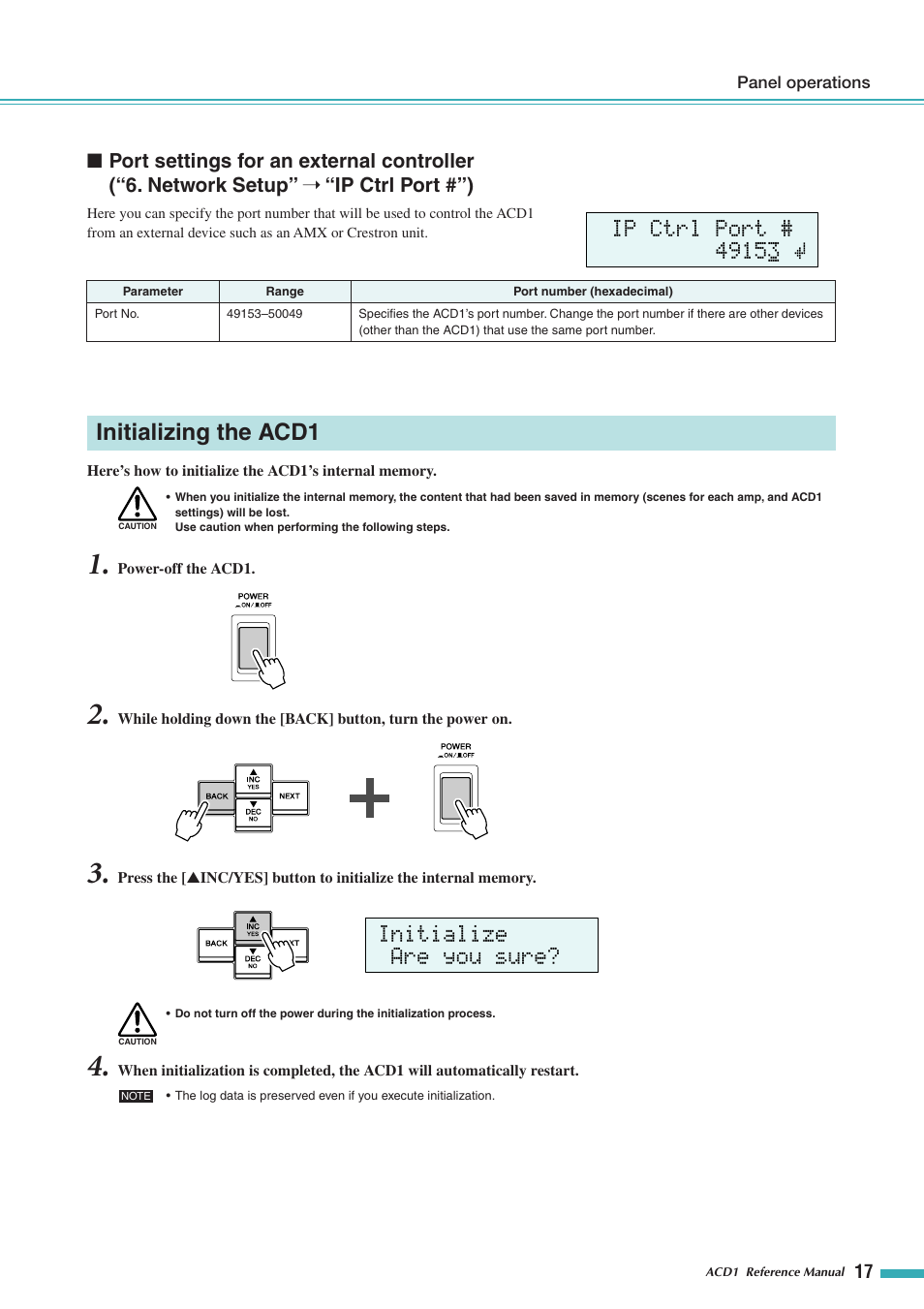 Port settings for an external controller, Initializing the acd1, Network setup | Ip ctrl port #”), Initialize are you sure | Yamaha ACD1 User Manual | Page 17 / 25
