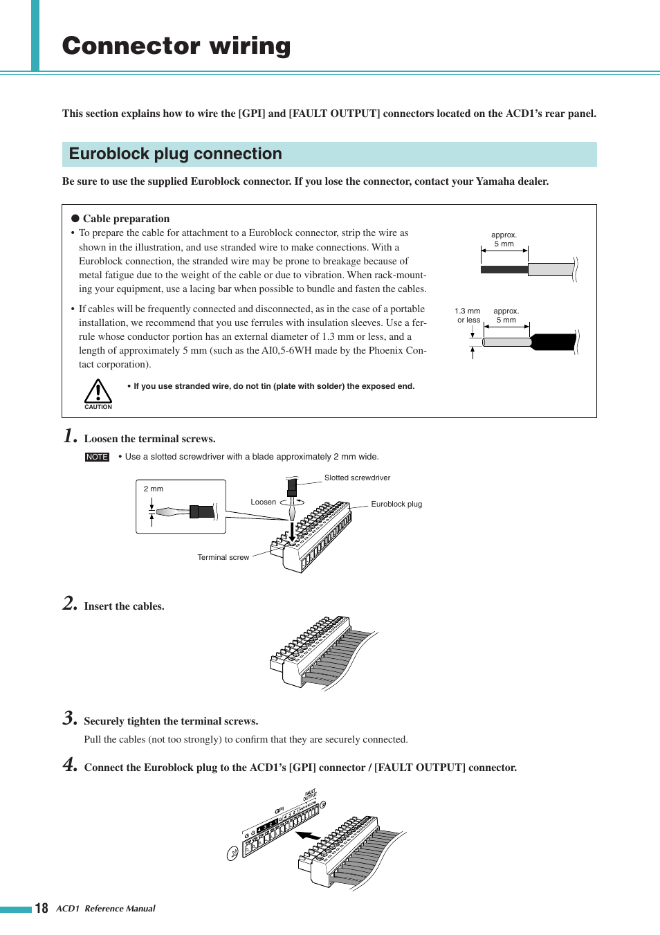 Connector wiring, Euroblock plug connection, Connections and usage, refer to | Yamaha ACD1 User Manual | Page 18 / 25
