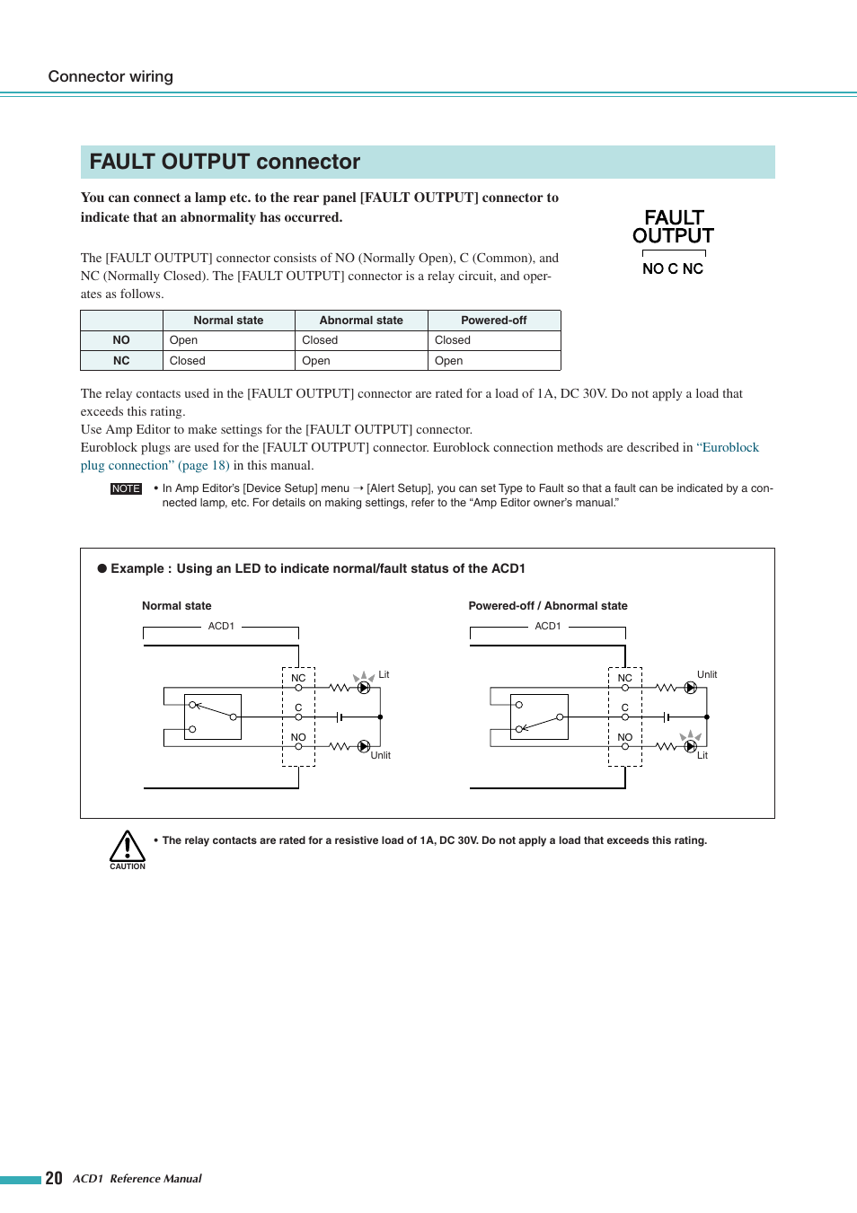 Fault output connector, Connector wiring | Yamaha ACD1 User Manual | Page 20 / 25